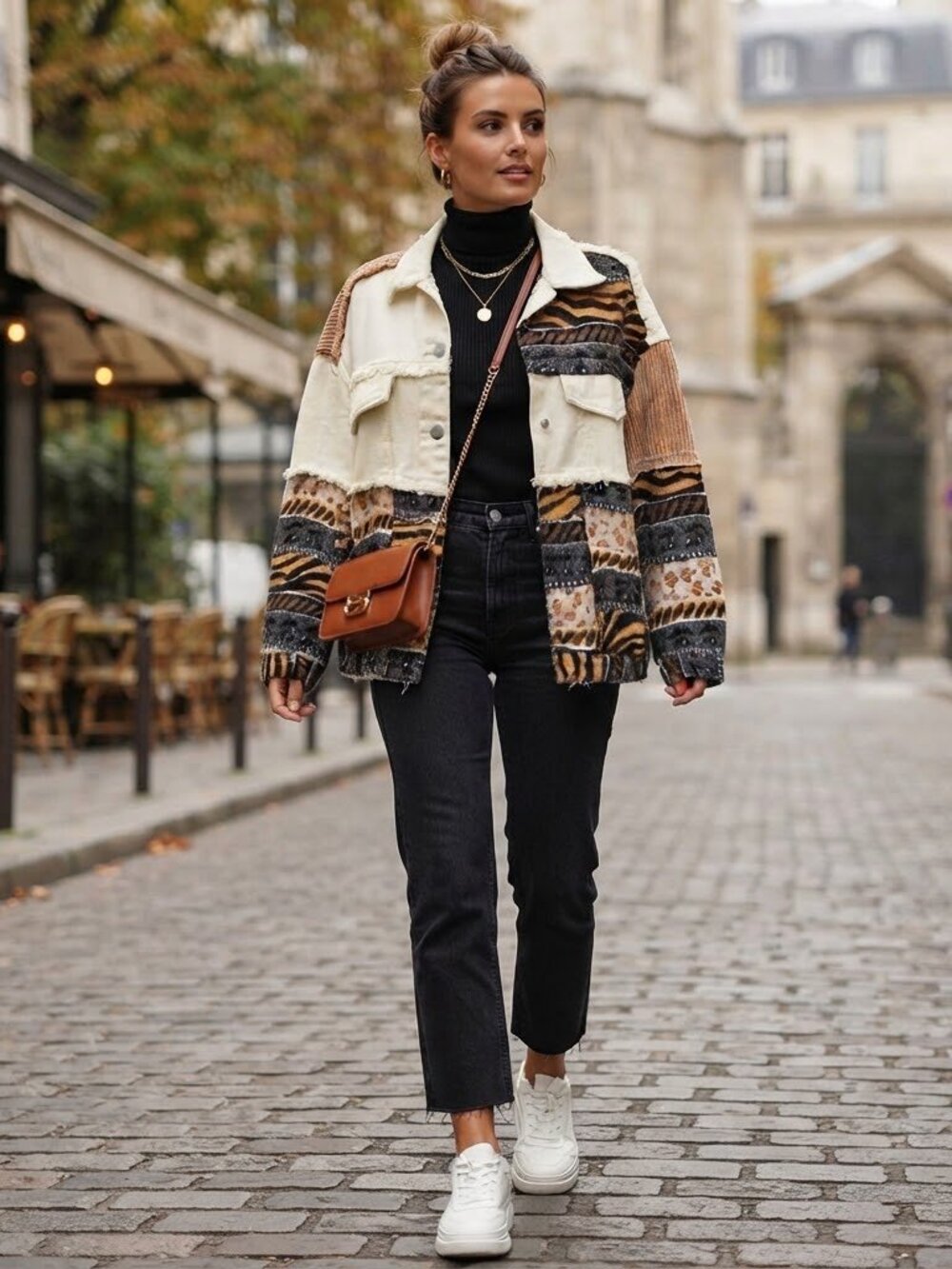 POL Patchwork Denim Corduroy Boho Indie Animal Print Jacket Shacket Raw Hem S